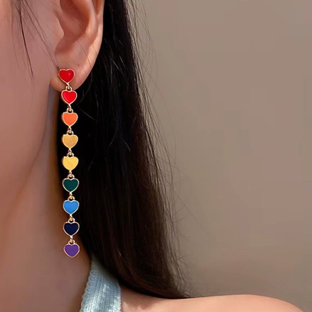 Rainbow Heart Dangle Earrings in Gold